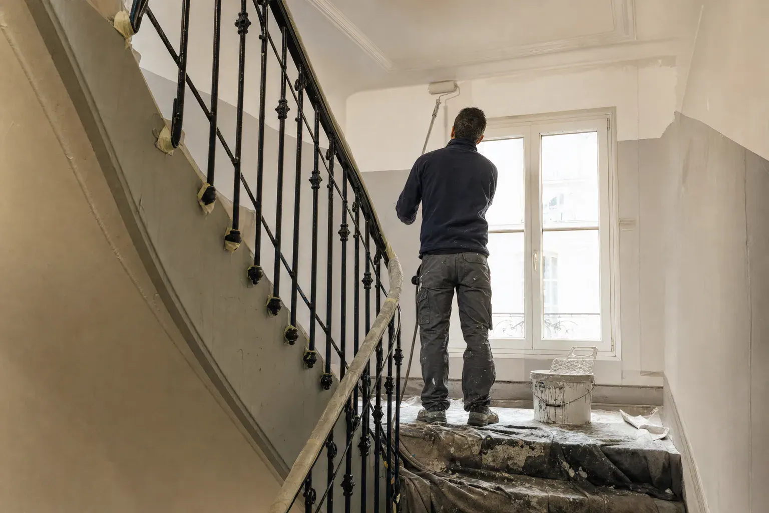 Peintre repeignant le mur d’une cage d’escalier de copropriété, marches et rampe protégées par des bâches