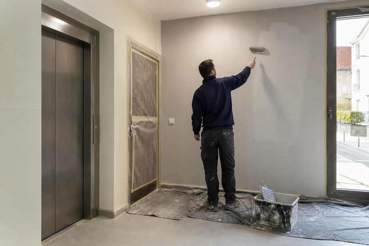 Palier d’une copropriété récente en Essonne repeint en velours lessivable sur plaque de plâtre