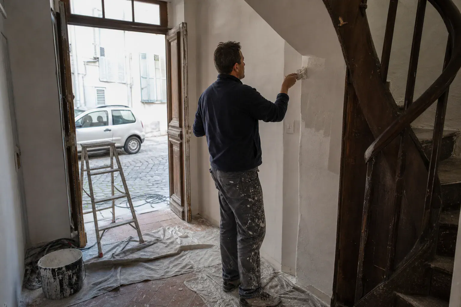 Parties communes d’une petite copropriété de bourg ancien en Seine-et-Marne repeintes en peinture minérale