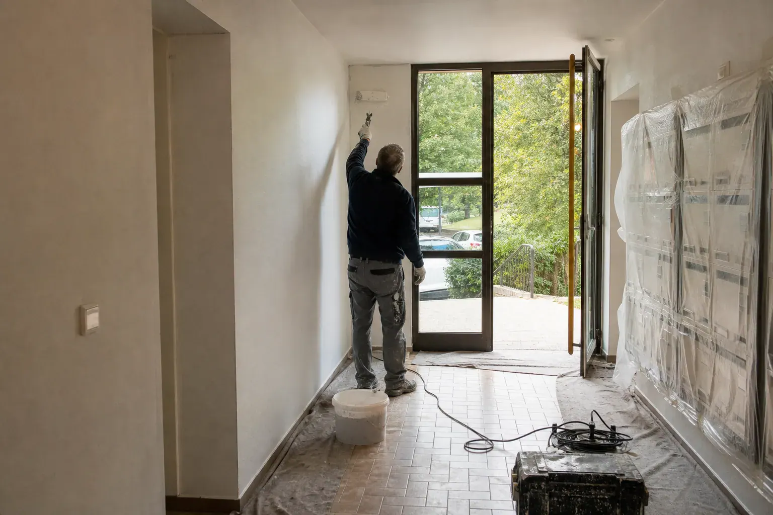 Hall d’un petit collectif en parc dans les Yvelines repeint en finition lessivable
