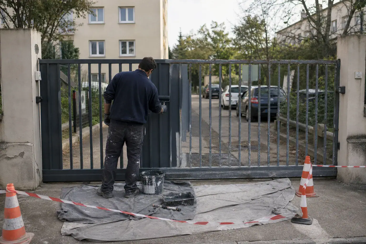 Portail métallique de résidence repeint par moitié pour garder l’accès ouvert aux habitants