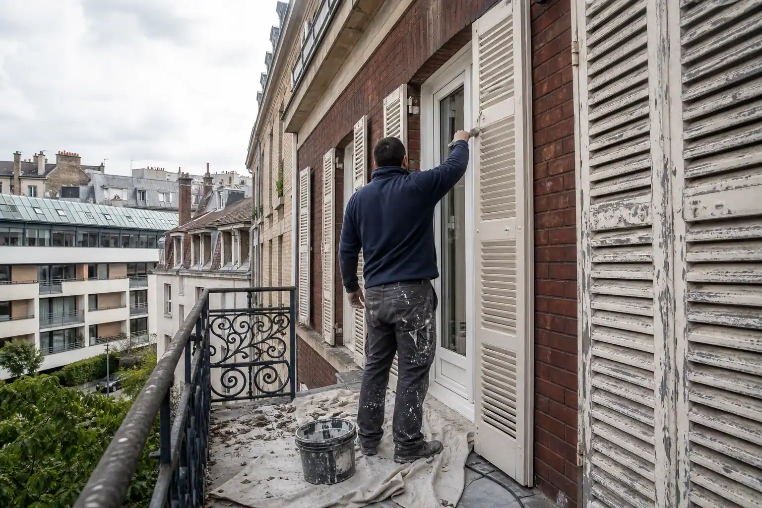 Peintre sur un balcon repeignant à la brosse les persiennes métalliques d’une façade d’immeuble en brique