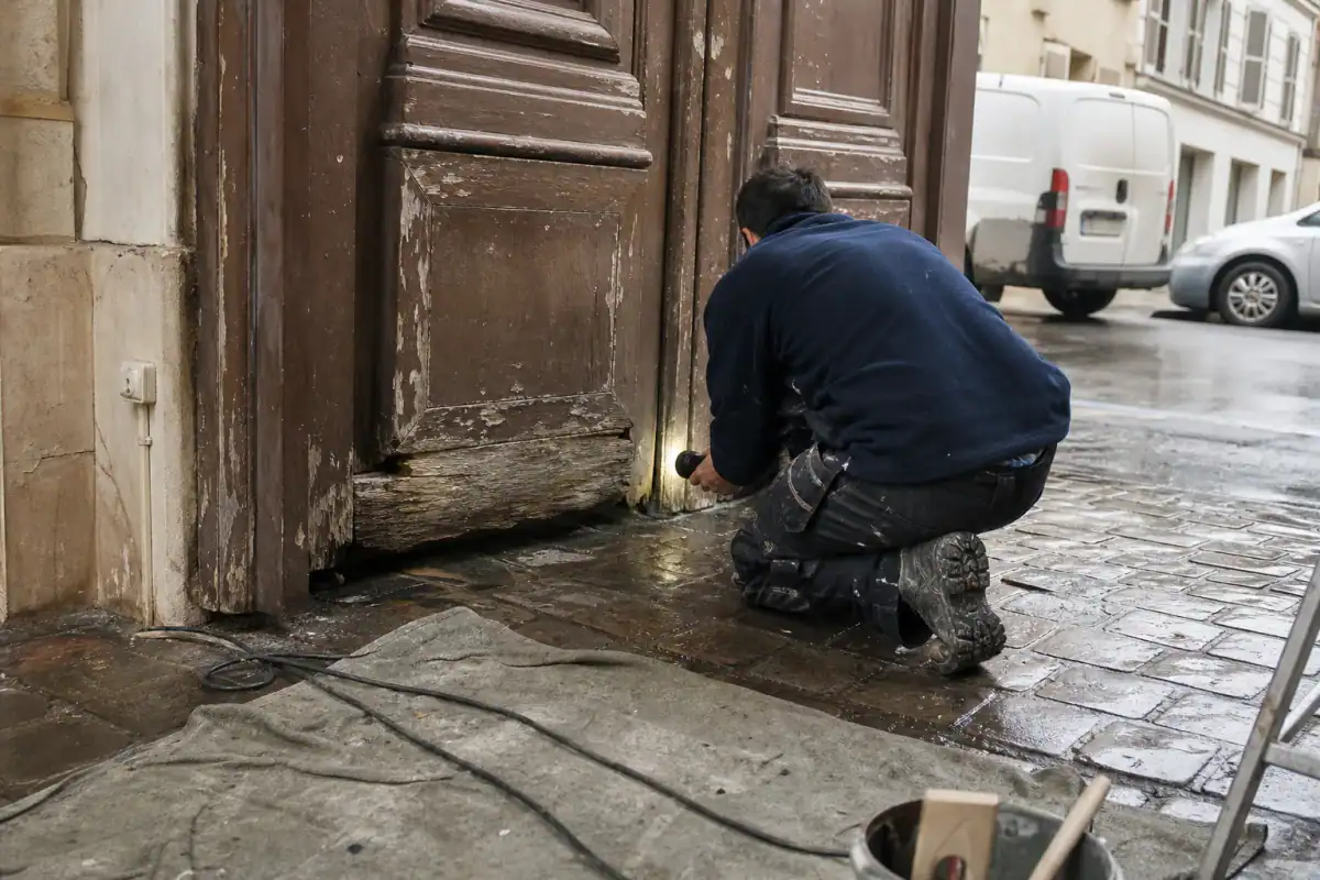 Lecture de l’état d’une porte cochère en chêne : bois grisé et peinture écaillée en bas de vantail