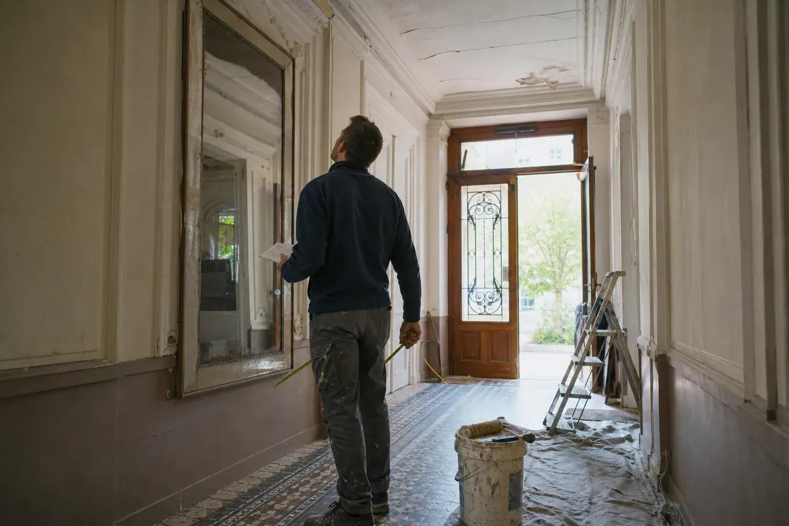 Métré et chiffrage de la peinture d’un hall d’immeuble à moulures, carnet de relevé en main