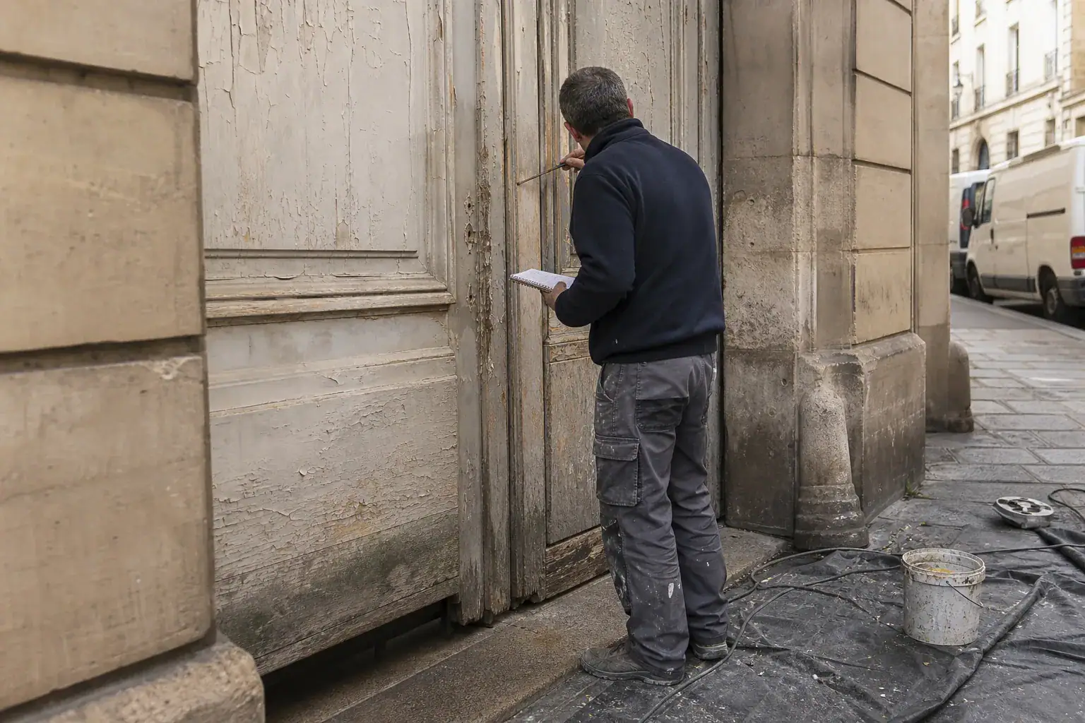 Examen d’une porte cochère en chêne usée pour chiffrer sa rénovation plutôt que son remplacement