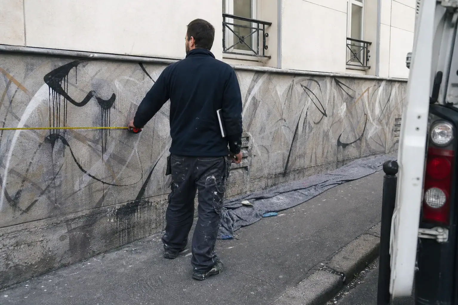 Mesure d’une surface taguée de façade au mètre carré avant devis anti-graffiti