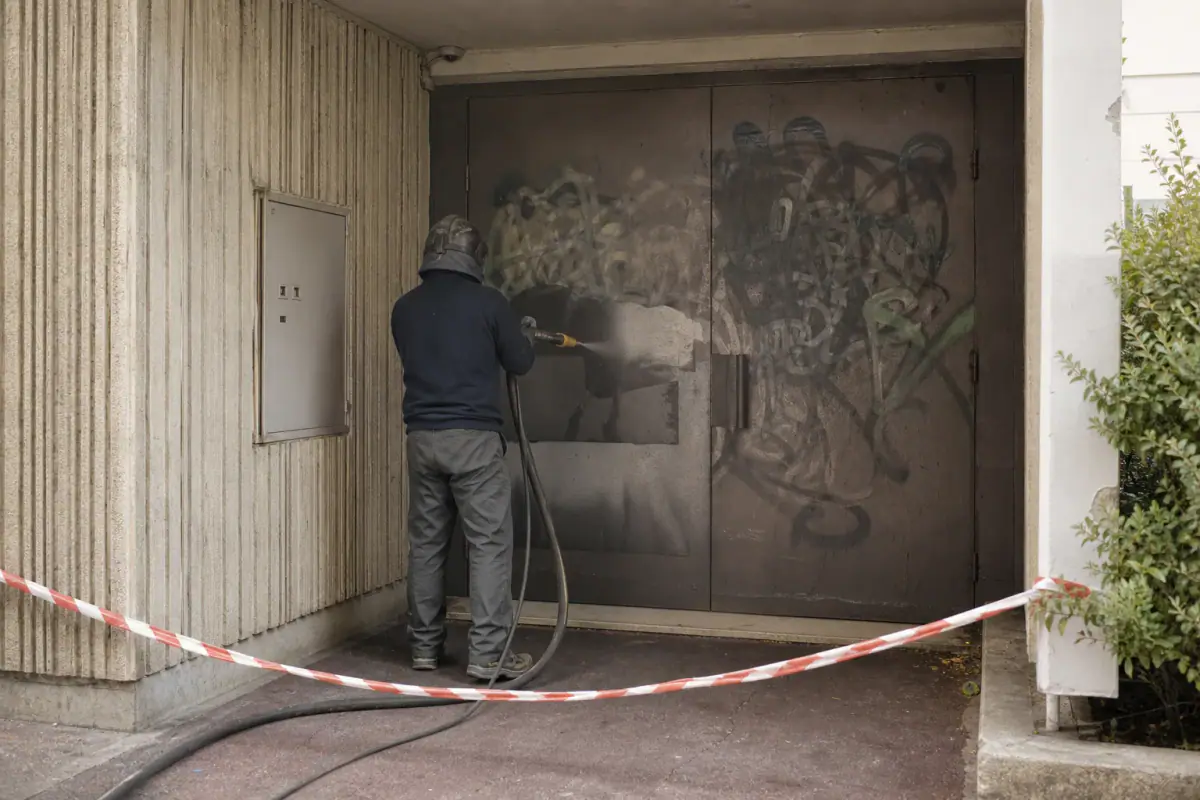 Effacement de tags par aérogommage sur une porte de hall métallique d’immeuble