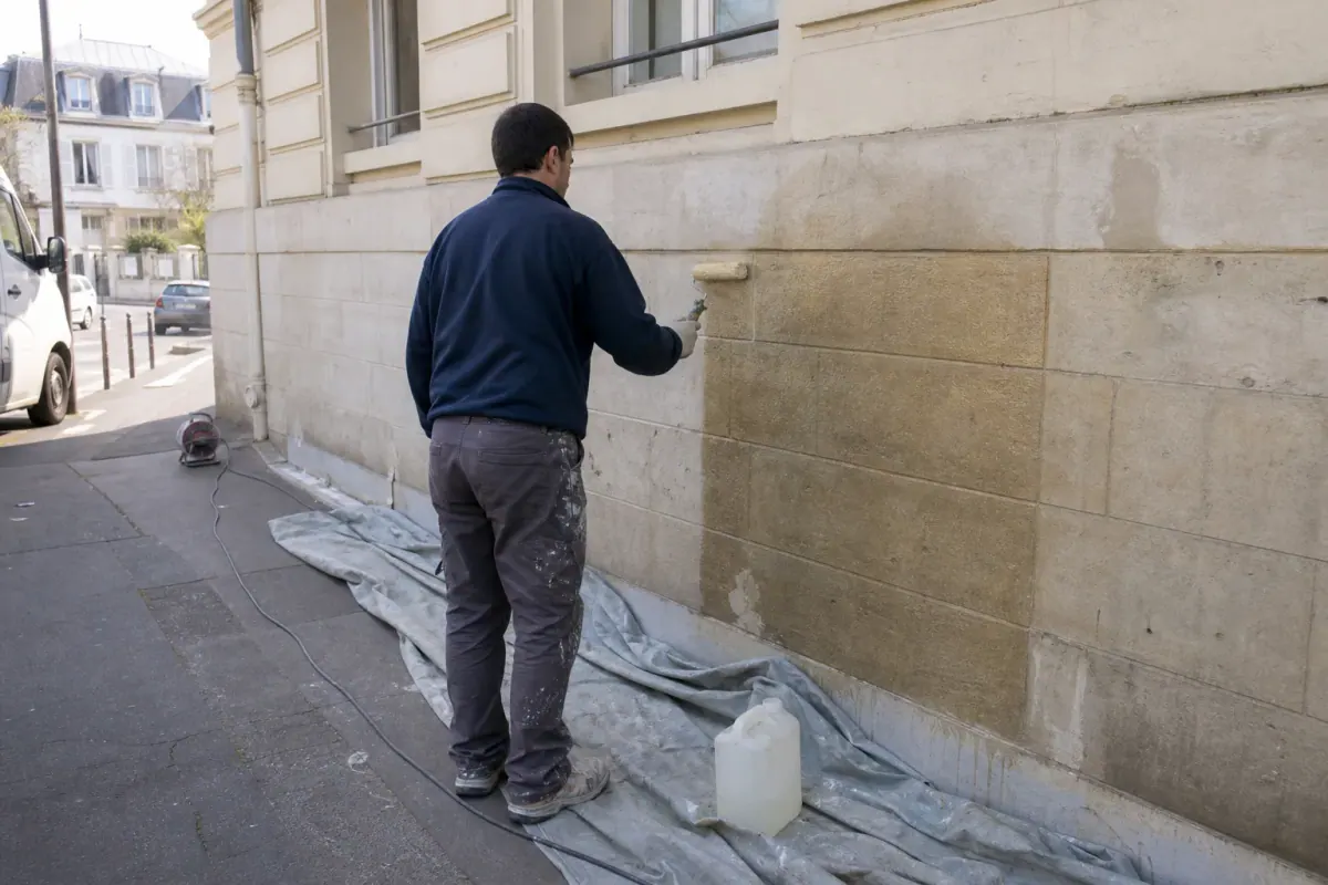 Application d’un vernis anti-graffiti au rouleau sur un soubassement en pierre