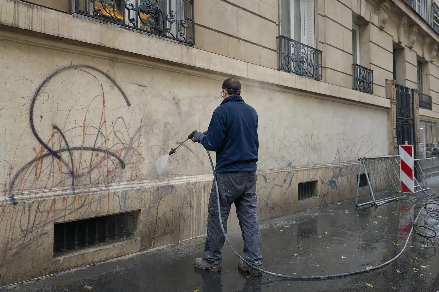 Technicien effaçant des tags sur une façade en pierre par hydrogommage, protection anti-graffiti