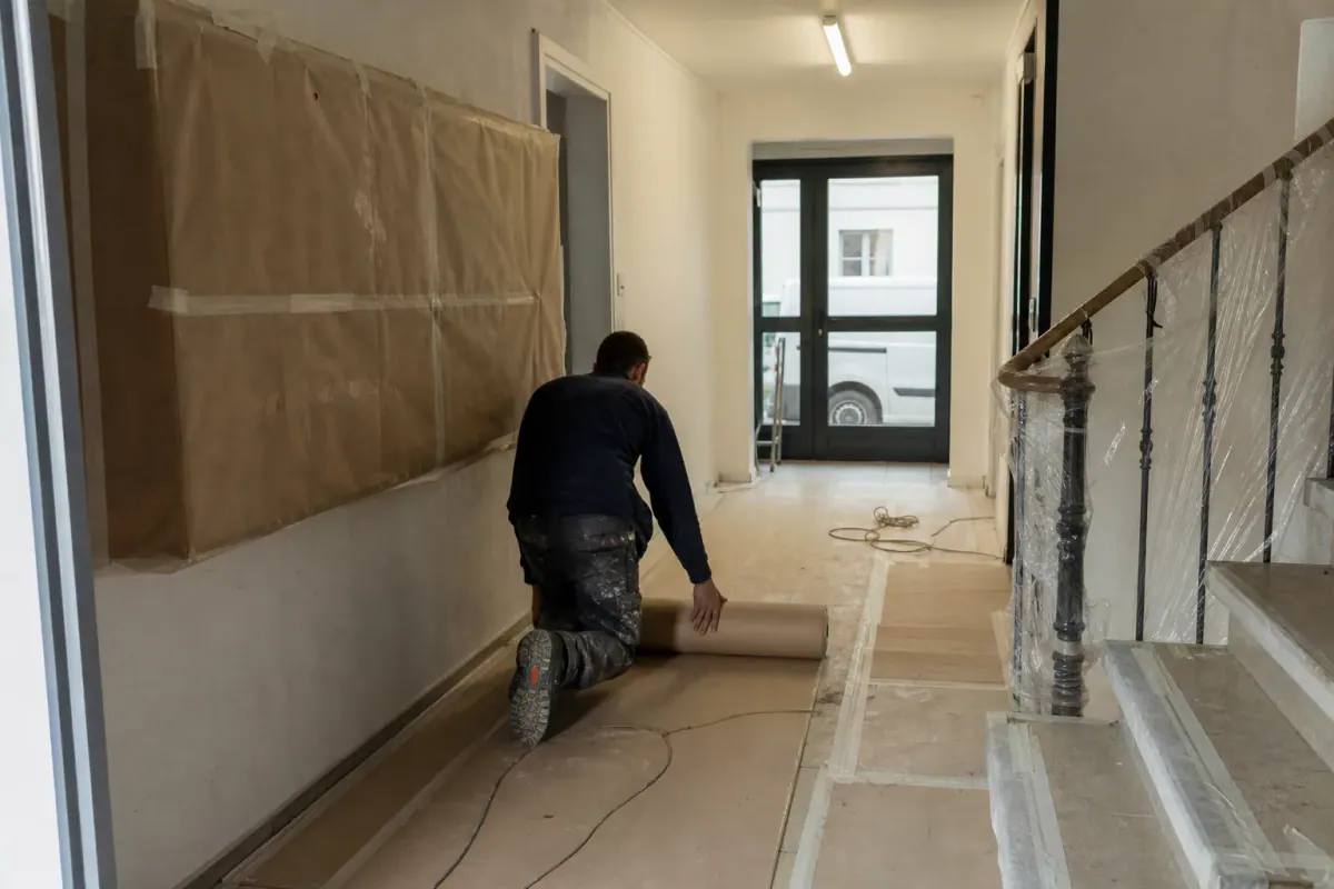 Rampe, sol et boîtes aux lettres protégés dans un hall d’immeuble pendant les travaux