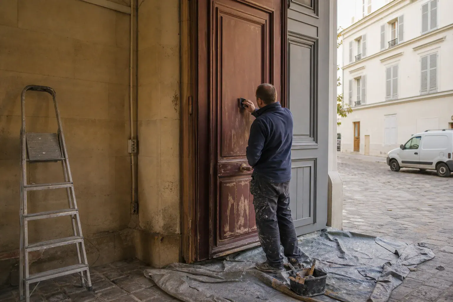 Remise en peinture d’une porte cochère au fond sain, égrenage et sous-couche sur les panneaux