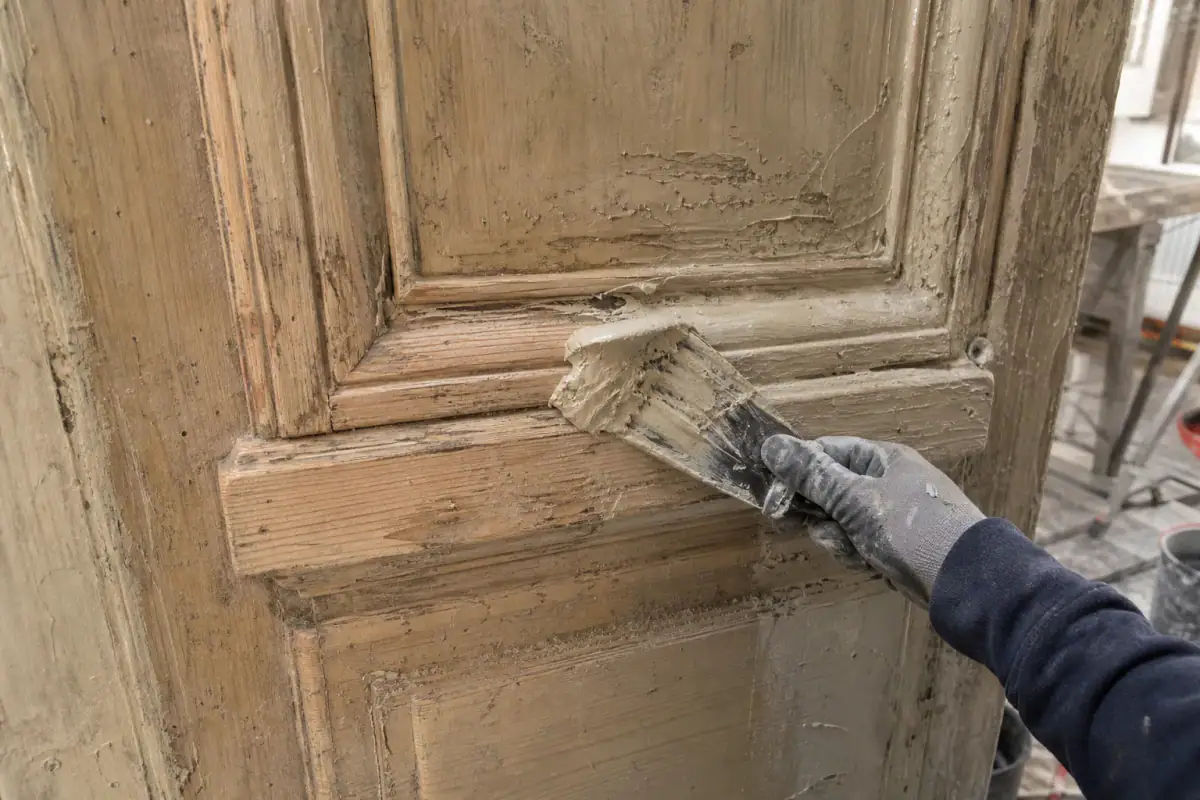 Décapage bio en pâte appliqué en cataplasme sur les moulures d’une porte cochère en chêne