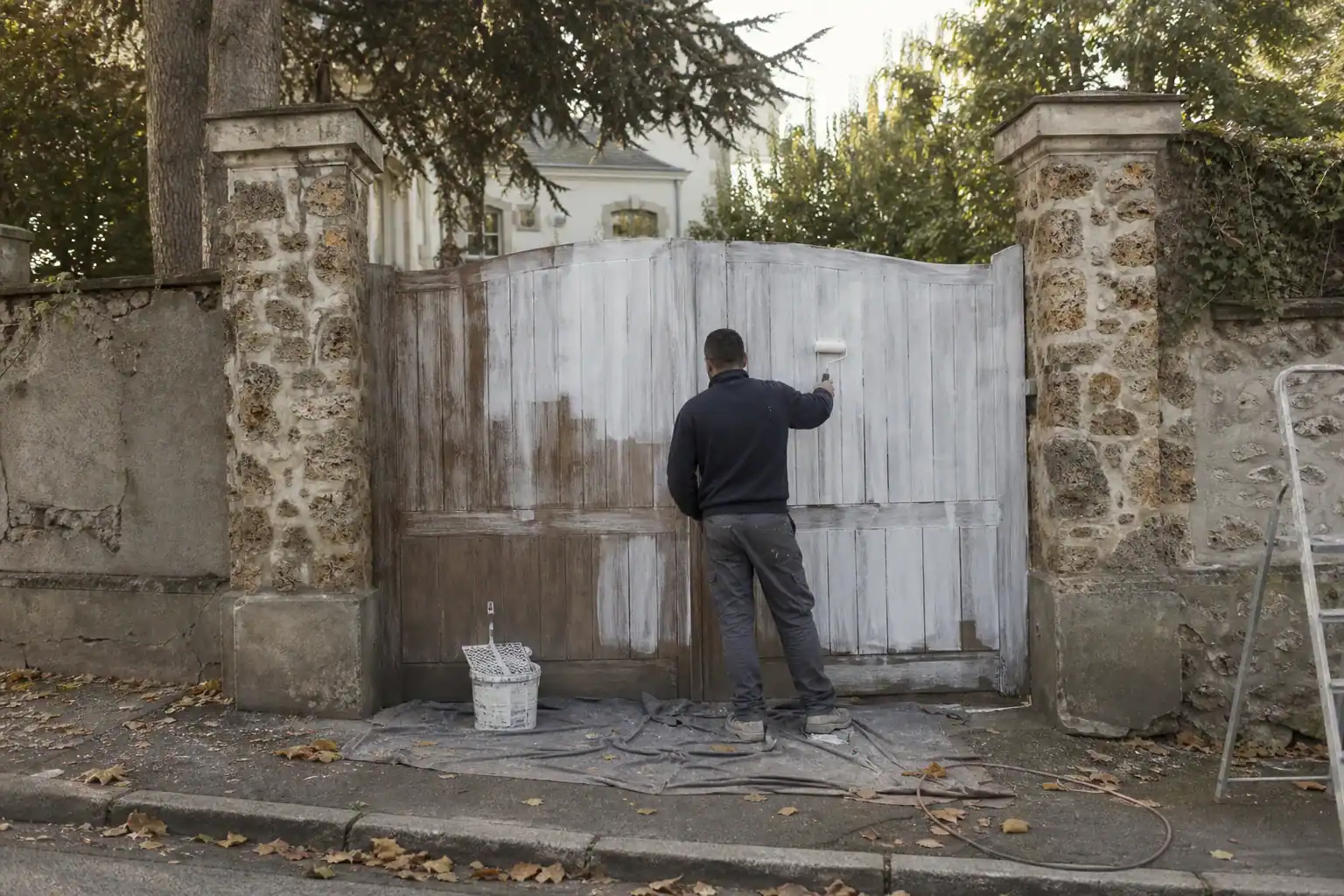 Portail bois de propriété ancienne en Essonne décapé et repeint au fond sain