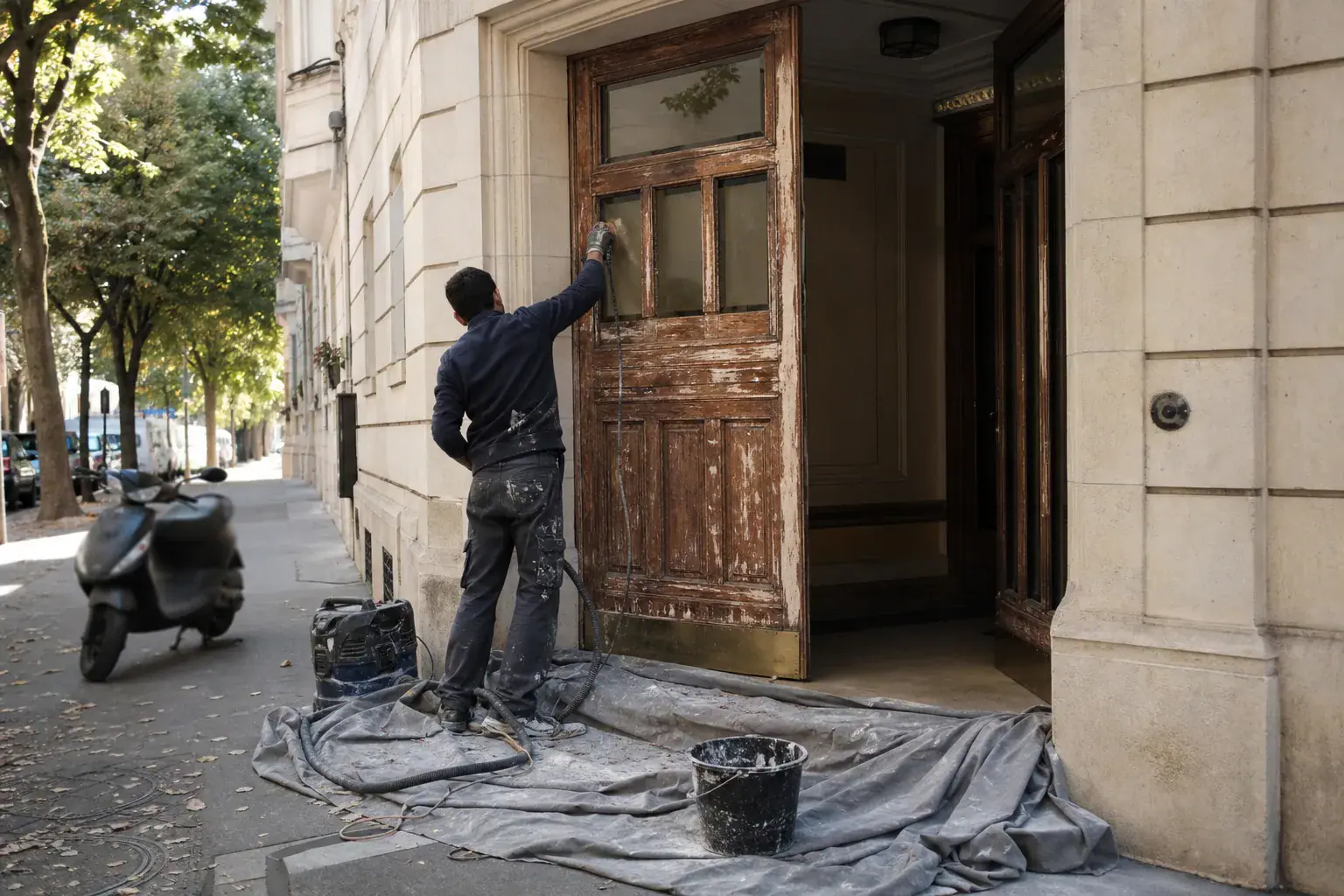 Porte cochère en chêne d’un immeuble de Neuilly ou Levallois remise en peinture