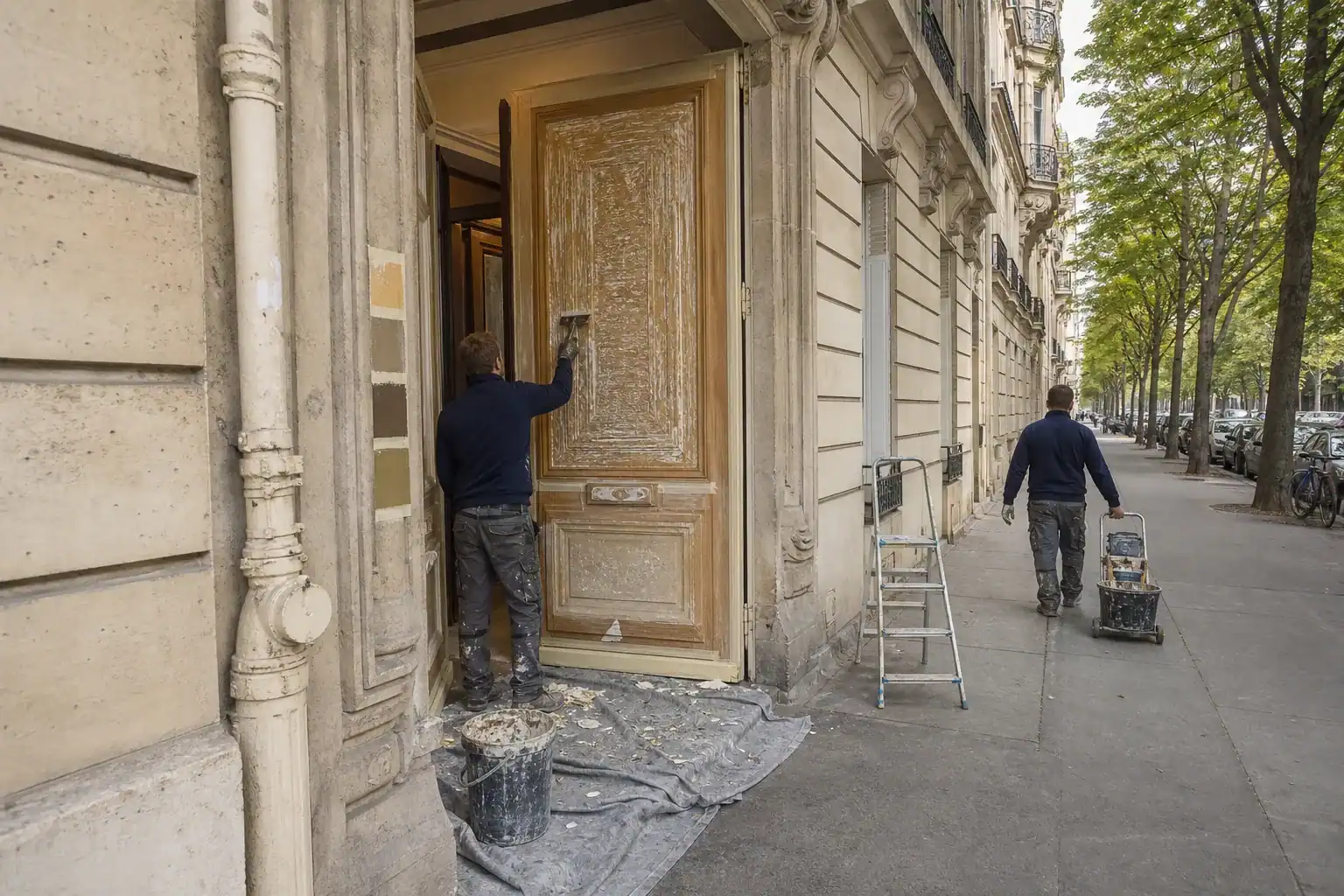 Porte cochère en chêne d’un immeuble parisien en décapage bio, teinte soumise à l’ABF