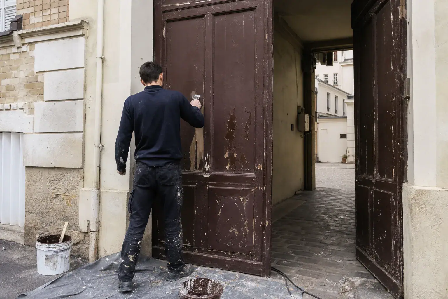 Porte cochère d’un immeuble faubourien de Seine-Saint-Denis en restauration