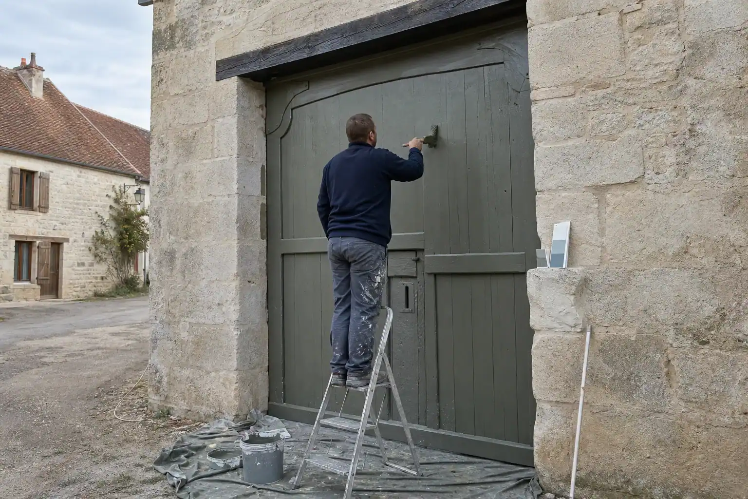Porte cochère d’une maison de village du Vexin, Val-d’Oise, restaurée selon la charte de teintes