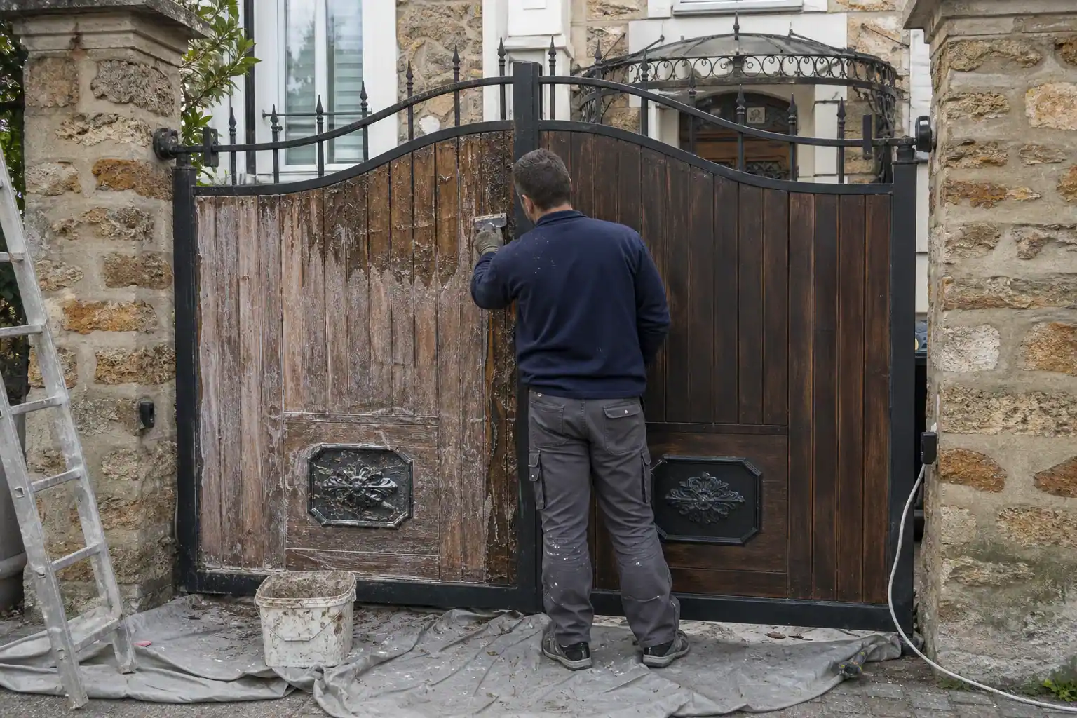 Portail en bois d’une villa en meulière du Val-de-Marne décapé avant lasure