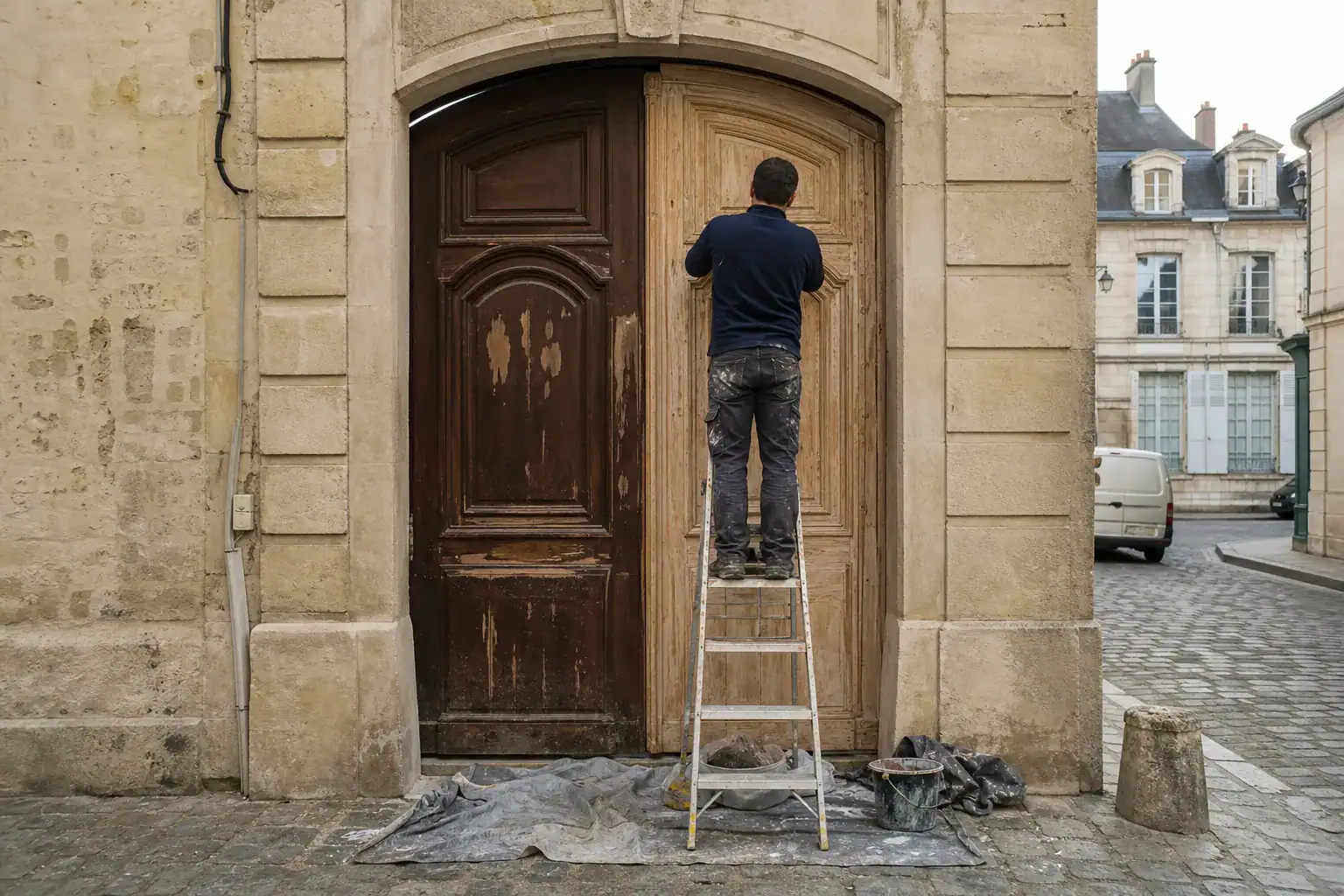 Porte cochère d’un hôtel particulier de ville royale des Yvelines en rénovation