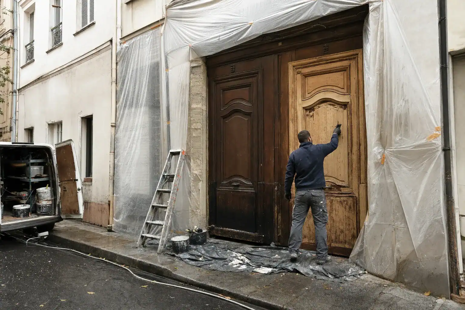 Rénovation d’une porte cochère en chêne dans une rue parisienne, vantail en cours de décapage sous bâche translucide